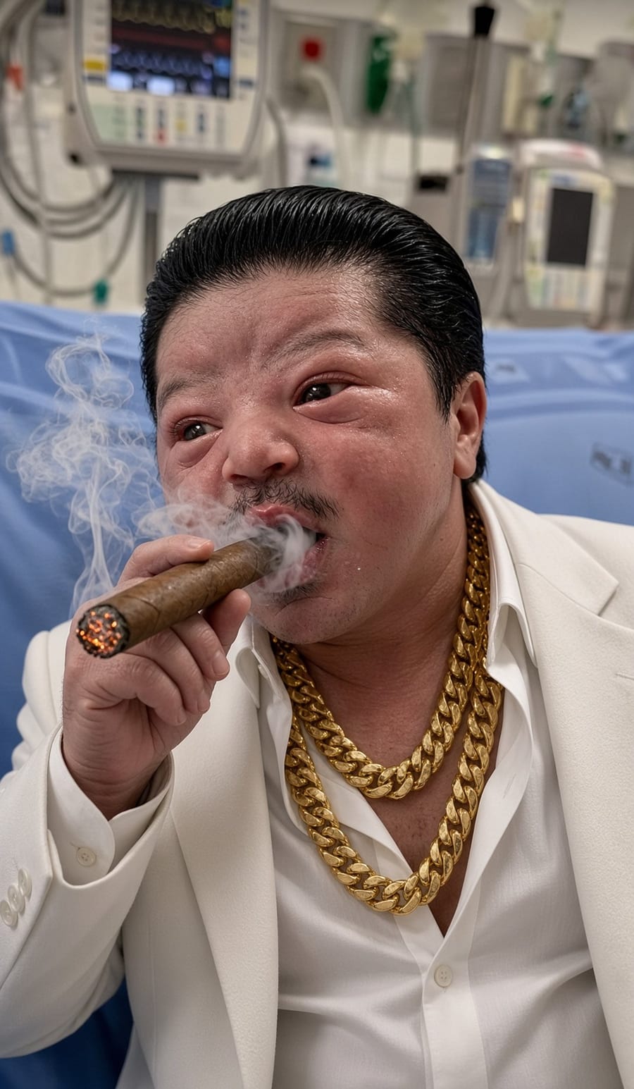 Edit of the newborn as a man in a white suit smoking a cigar, with gold chains